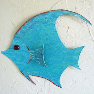 Fish art sculpture  sun fish metal wall sculpture turquoise aqua  beach house angel fish  bathroom art 7 x 9 Ready to ship