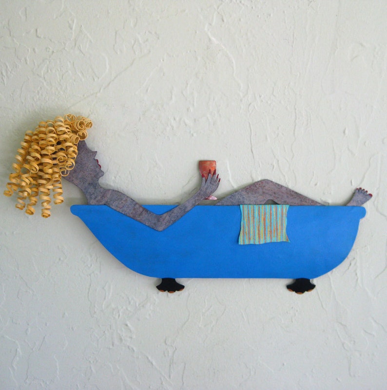 BATHTUB ART Metal Wall Sculpture Lady in Bathtub Blonde Blue Recycled Metal Bathtub Decor Wine Whimsical Original Art 8 x 16 image 1