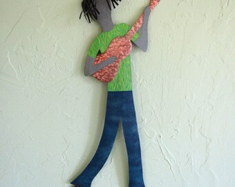 Musician Art Guitar guy Sculpture Reclaimed Metal Wall Hanging Vertical Musician Art   Green Blue 9 x 21