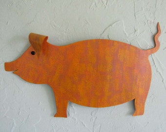 PIG ART Kitchen Wall Art Metal Sculpture Barnyard Art Orange Marigold Yellow Recycled Metal Wall Art 9x13 Ready to Ship