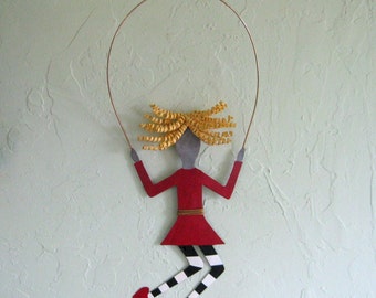 WHIMSICAL ART Metal Wall Sculpture Jump Rope Girl - Izzie - Kids Play Recycled Metal Blonde  Nursery Kids Room 11 x 25 Made To Order