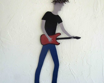 Guitar Player Metal Wall Art Sculpture Electric Guitar Theme Made To Order Customize Colors and Guitar Gift Idea Custom made 9 x 22