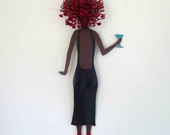 METAL WALL ART  Cocktail Lady with Martini Glass - Recycled Metal Wall Hanging Black Dress Red Head Cocktail Party Gal 8 x 18