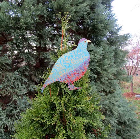 Partridge Tree Topper Christmas Metal Art Sculpture Recycled Holiday Decor Burgundy Gold Blue Metallic Ornament Partridge Tree Topper Christmas Metal Art Sculpture Recycled Holiday Decor Burgundy Gold Blue Metallic Ornament