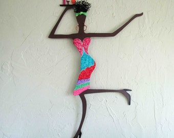 AFRICAN WALL ART Sculpture Recycled Metal Exotic African Cocktail Lady Caribbean Wall Decor Island Art Entryway Art 16 x 23 ready to ship