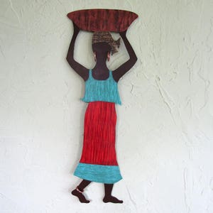 African Art Metal Wall Decor Market Lady Gallery Sculpture Recycled Metal Art African Boho Wall Decor Red Blue 7 x 19 READY TO SHIP image 1