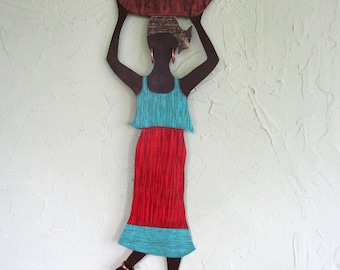 African Art Metal Wall Decor Market Lady Gallery Sculpture Recycled Metal Art African Boho Wall Decor Red Blue 7 x 19 READY TO SHIP