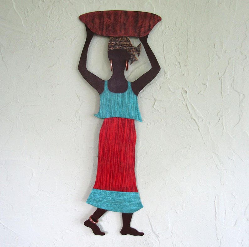 African Art Metal Wall Decor Market Lady Gallery Sculpture Recycled Metal Art African Boho Wall Decor Red Blue 7 x 19 READY TO SHIP image 1