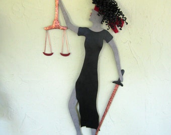 METAL WALL SCULPTURE Lady Justice Upcycled Metal Office Art Wall Decor Custom Black Red  6 x 22 contemporary art