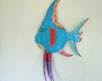 Fish Art Recycled Metal Wall Sculpture Tropical Fish Upcycled Metal  Beach House Art Blue orange 19 x 12 READY TO SHIP