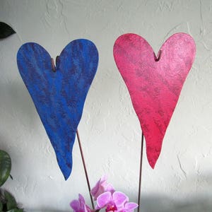 Metal hearts two garden art stakes rose red blue purple hearts outdoor yard art upcycled metal valentine wedding  5&quot; x 8&quot; READY to SHIP