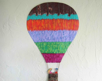 Hot Air Balloon upcycled metal wall art Large size sculpture 14" x 21" fun outdoor collectable art  READY TO SHIP