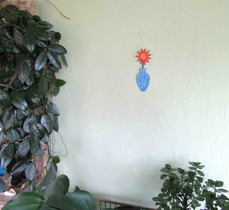 FLOWER ART Metal Wall Flower Sculpture Mom Gift Blue Orange Recycled Metal Floral Art Kitchen Bathroom Ready to ship 3 x 9 image 3