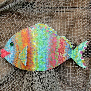 Fish Art Large Handmade Recycled Metal Wall Sculpture Tropical Fish Sculpture 11" x 20" Whimsical  fish Art Grouper READY TO SHIP