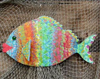 Fish Art Large Handmade Recycled Metal Wall Sculpture Tropical Fish Sculpture 11" x 20" Fun fish Art Grouper READY TO SHIP