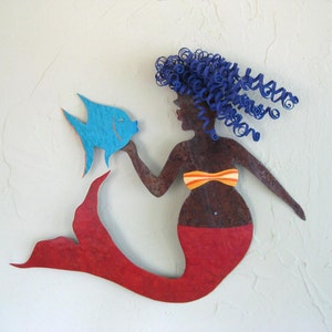 Mermaid wall art metal sculpture recycled metal wall art mermaid gift bathroom decor coastal 14 x 16 Ready to ship