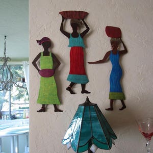 African Art Metal Wall Decor Market Lady Gallery Sculpture Recycled Metal Art African Boho Wall Decor Red Blue 7 x 19 READY TO SHIP image 4