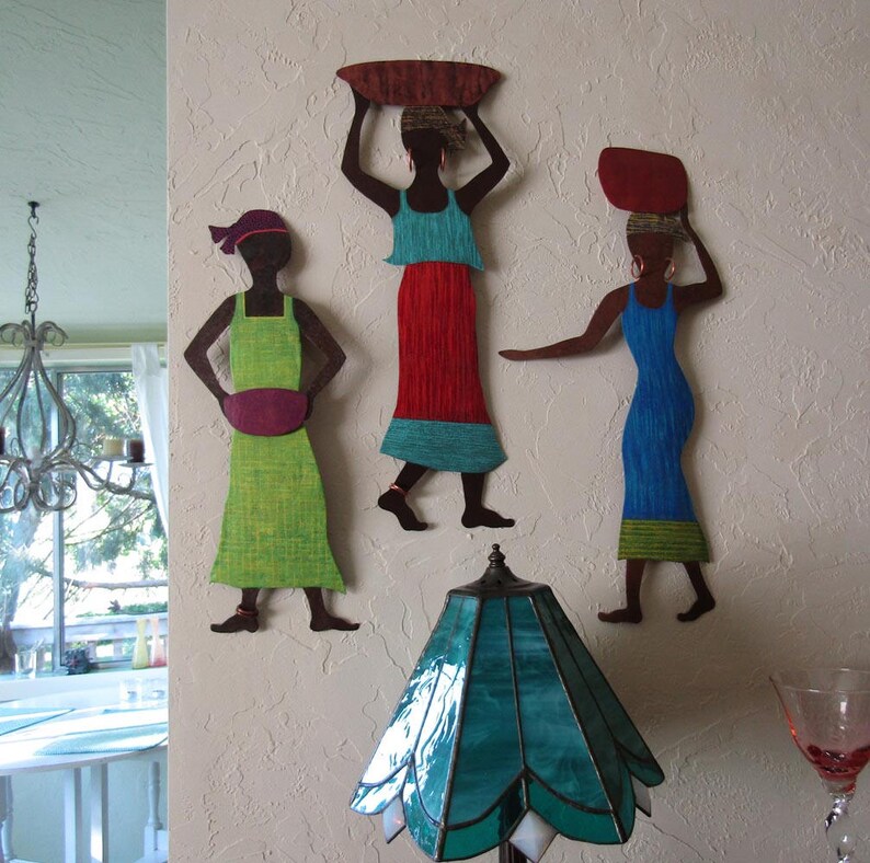 African Art Metal Wall Decor Market Lady Gallery Sculpture Recycled Metal Art African Boho Wall Decor Red Blue 7 x 19 READY TO SHIP image 4