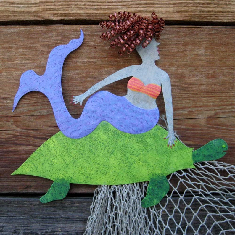 METAL WALL ART Mermaid Sculpture Sea Turtle And Red Head Mermaid Blue Lavender Green Bathroom Beach House Coastal Decor Original 12 x 13 image 4