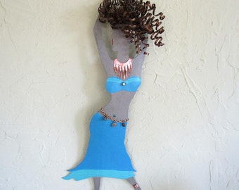 BELLY DANCER Metal Wall Art Sculpture Recycled Metal Exotic Dancing Wall Decor Brunette Hand Painted Aqua Blue 8 x 20 Original Made to Order