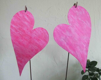 Valentine Pink Hearts Garden Art Stakes Yard Decor Original Recycled Metal Modern Art Wedding Anniversary 5" x 8" READY TO SHIP