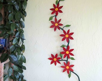 Flower Art Large Vine Sculpture Climbing Flower Red Yellow Flowers Clematis Kitchen Wall Art  Recycled Metal 22 x 42 READY TO SHIP