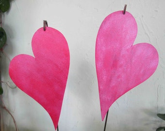 Valentine Pink Hearts Garden Art Stakes Yard Decor Original Recycled Metal Modern Art Wedding Anniversary 5" x 8" READY TO SHIP