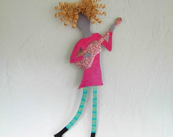 Guitar lady Metal Wall Decor Musician Sculpture  Recycled Metal  Vertical Guitar Art  - 9 x 21 Blonde Pink READY TO SHIP