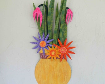 FLOWER ART metal art mothers day wall sculpture - flower vase  hanging kitchen dining room 11x21 Yellow Orange Ready tp Ship