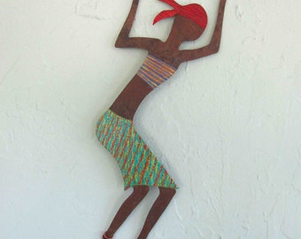 CARIBBEAN ART dancer lady metal wall art sculpture, turquoise, upcycled metal wall Art Original African wall art  9 x 17 Ready to Ship