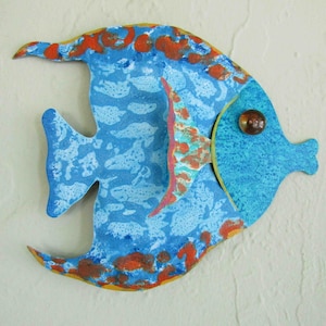 Tropical fish art metal wall decor ocean sculpture blue orange upcycled metal angel fish bathroom beach house coastal sun fish wall art