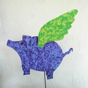 Flying pig stake garden art purple lime green metal yard art 9 x 11 ready to ship