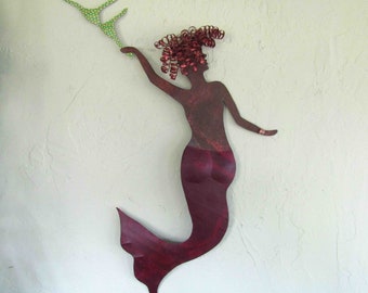 Mermaid Wall Sculpture Upcycled  Metal Wall Art 15 x 27 Gift for Her READY TO SHIP