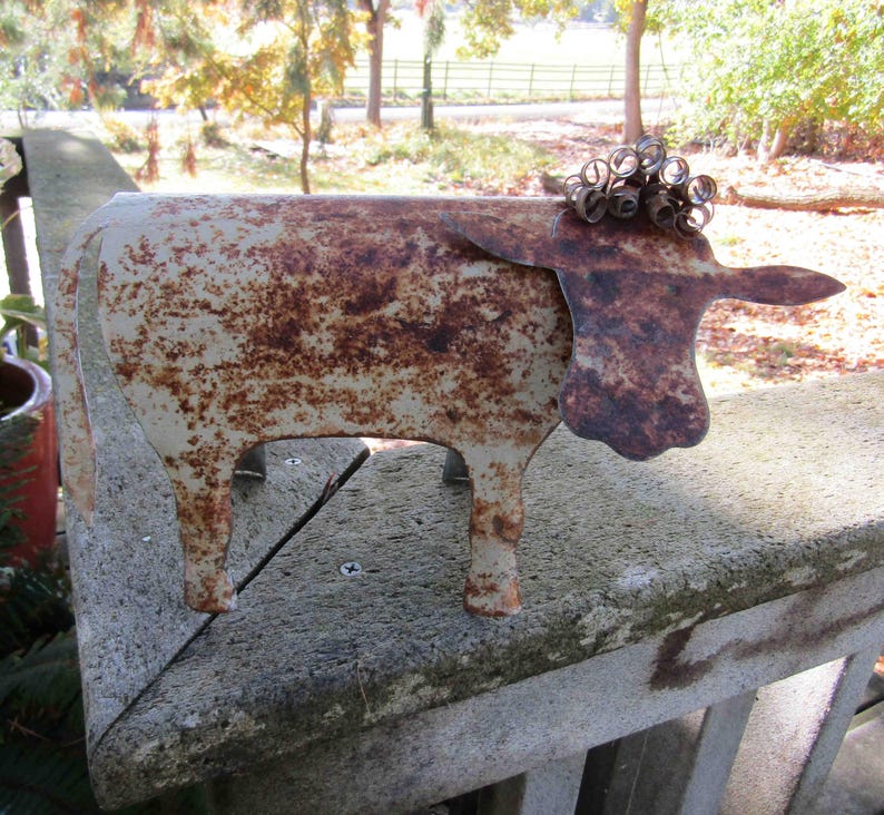 Rustic cow free standing table top folk art recycled metal 6" x 10" farm sculpture READY to SHIP image 3