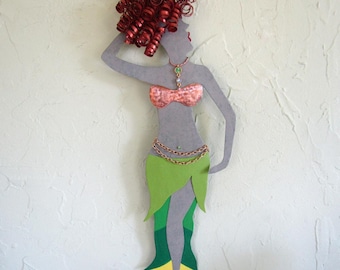 BELLY DANCER Metal Art Wall Sculpture Lime Green Red Head Recycled Metal Wall Art 8 x 20 Original Made To Order