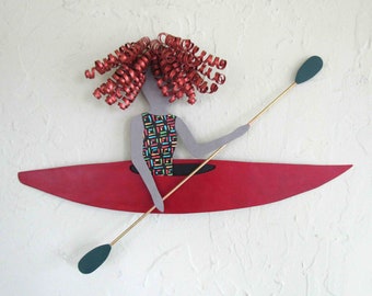 Kayak Art Metal Wall Sculpture Water Sports Lady Kayaker Red Gift For Her 12 x 16 READY TO SHIP