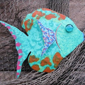 Fish art metal wall sculpture tropical sunfish beach house coastal small space wall art orange turquoise original art 7 x 9 READY to SHIP