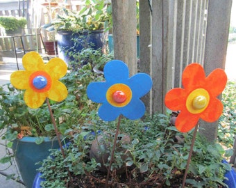 Flower Stake Trio Handmade for the garden or indoor pot recycled metal orange, blue, yellow flowers three 12" stakes READY TO SHIP