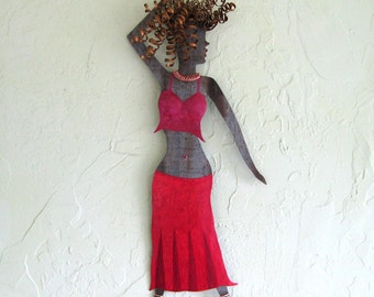 BELLY DANCER Metal Wall Art Sculpture Red Recycled Metal Exotic Dancer Painted Wall Art 8 x 20 Handmade To Order