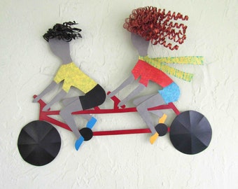 Tandem Bike Metal Wall Sculpture Fun Recycled Metal Art Red Yellow Sport Art Bike duo 15 x 18 READY TO SHIP