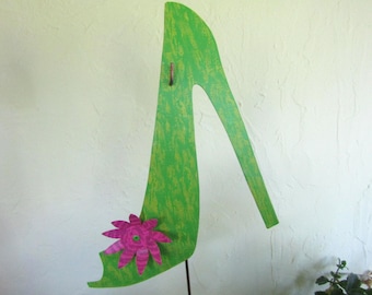 Upcycled Tin Garden Shoe Stake Green Pink