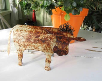 Rustic cow free standing table top folk art recycled metal 6" x 10" farm sculpture READY to SHIP