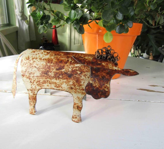 Rustic cow free standing table top folk art recycled metal 6" x 10" farm sculpture READY to SHIP