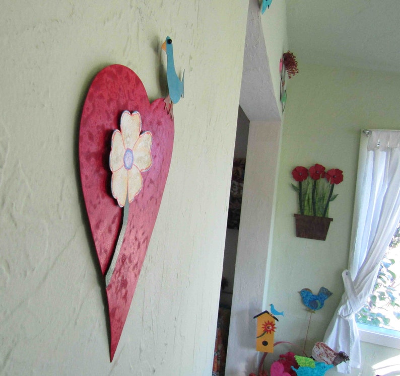 Red Heart Metal Wall Sculpture Gallery Art Bird Flower Mom Gift Valentines 7 x 12 READY TO SHIP image 8