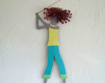 Lady Golfer Metal Wall Art Sculpture Red Head Woman Golfing Wall Decor Sports Figure Turquoise Gift for Female Athlete 8 x 19 READY TO SHIP