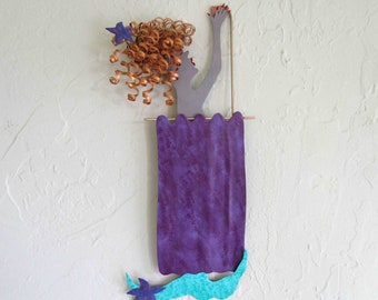 Mermaid Art Bathroom Sculpture Metal Wall Art Purple Blonde Recycled Metal Wall  Mom Gift  7 x 16 READY TO SHIP