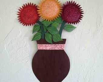 FLOWER ART Kitchen Flower Gift For Her Wall Art Metal Sunflower Sculpture Floral Art Handmade   14 x 18 Red Orange Yellow