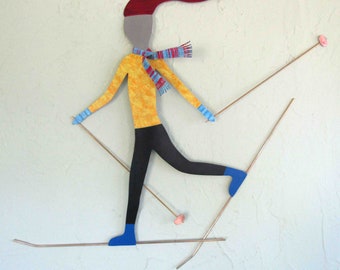 Skier Metal Wall Art Cross Country Sculpture Whimsical Skier Art Sports gift Red Yellow Blue 18 x 20 READY TO SHIP