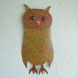 Owl Art  Metal Wall Sculpture Recycled Metal Barn Owl Decor Green Orange Gold Original Animal Wall Art 7 x 15 READY TO SHIP