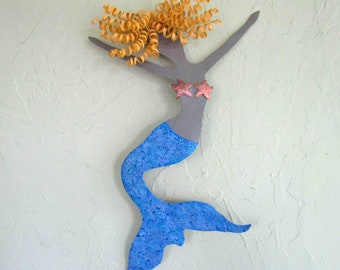 Mermaid Art Metal Wall Sculpture - Faye - Ocean Beach House Coastal Wall Art Blonde  Blue lavender 12 x 20 READY TO SHIP